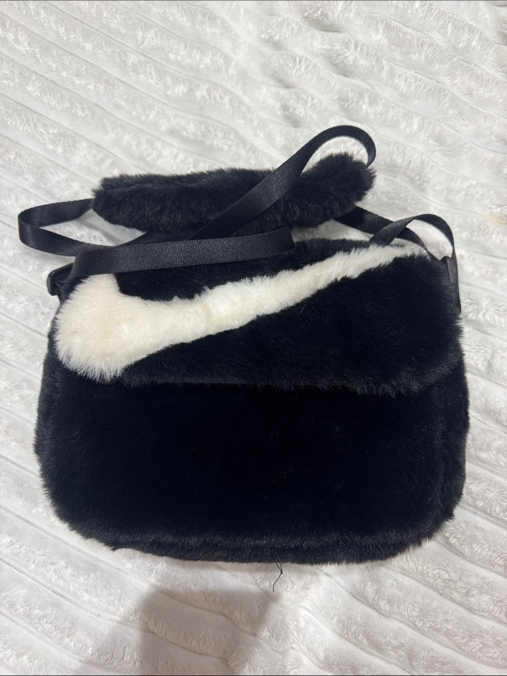 Nike Black Faux Fur Crossbody with White Swoosh Accent